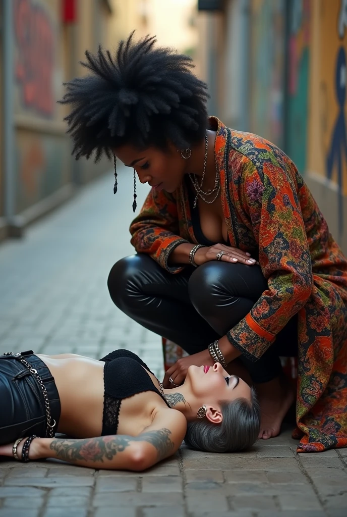 Two russian old milf women: the strong, muscular , dominant dark skinned gipsy woman (black afro, long african traditional colourful tunic, barefoot), squatting with possessive stance (caressing the neck of her passed out girlfriend's neck). At her feet, lying on the ground unconscious, piled up,her caucasian girlfriend (pale faces, pale necks, pale chest, pale stomach, pale arms, pale hands, pale feet), weak body, light grey hair, submissive and needy, feeling defeated, in laid back postures with hands touching her thong or neck or chest, wearing clothes in rock chic style. grey hair (bouffant, top bun, shaved sides). Big lips. Black lace push up bra, silicone breast,, low rise skinny leather jeans. Barefoot.. Lots of thick wide studded bracelets, chain necklaces and big rings,. Long earrings with chains and feathers. Chains around her hips. Lazy, leaning back, laid back pose, separated legs. Neck tattoed, chest tattoed, stomach tattoed, feet, hands, arms and wrists heavily tattoed. Toned abdominals, thin neck, slim legs and thin arms. Narrow hips. Both, open legs. Full body. At a Madrid narrow street with graffitied walls.