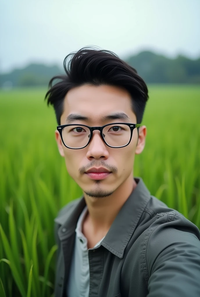A handsome asian man, with glasses, selfie picture, in front of a paddy field