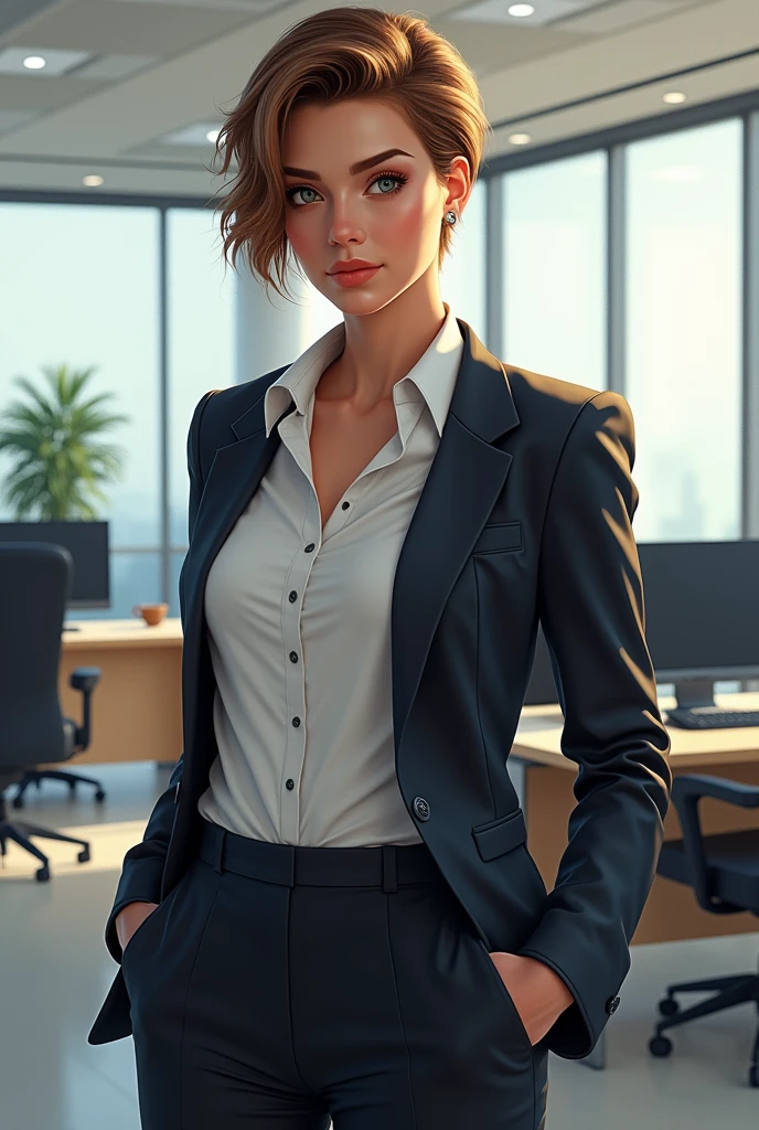 Very realistic drawing of a woman of about 2, with Latin strokes, body similar to that of athlete Jutta Leerdam, short and stylish hair. She is dressed like a business woman, in the office where he works.