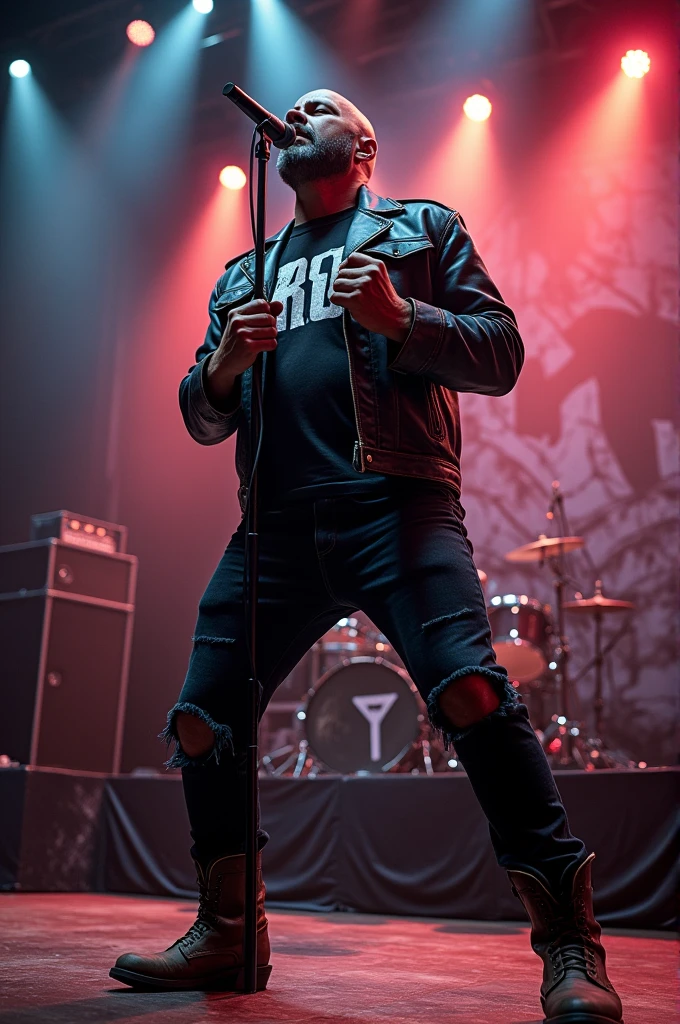 stout man, slightly dark brown skin. wearing a riot v t-shirt and a leather jacket. be on the rock stage singing rock songs. wearing black jeans ripped at the knees and cowboy boots..