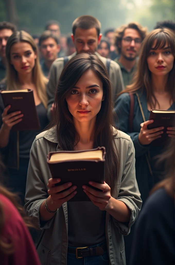 A group of players gathered together, men and women, possibly in a victory or strategy pose, with Bibles in their hands. They could be in a virtual gaming environment or in a setting that mixes gaming elements and religious references..