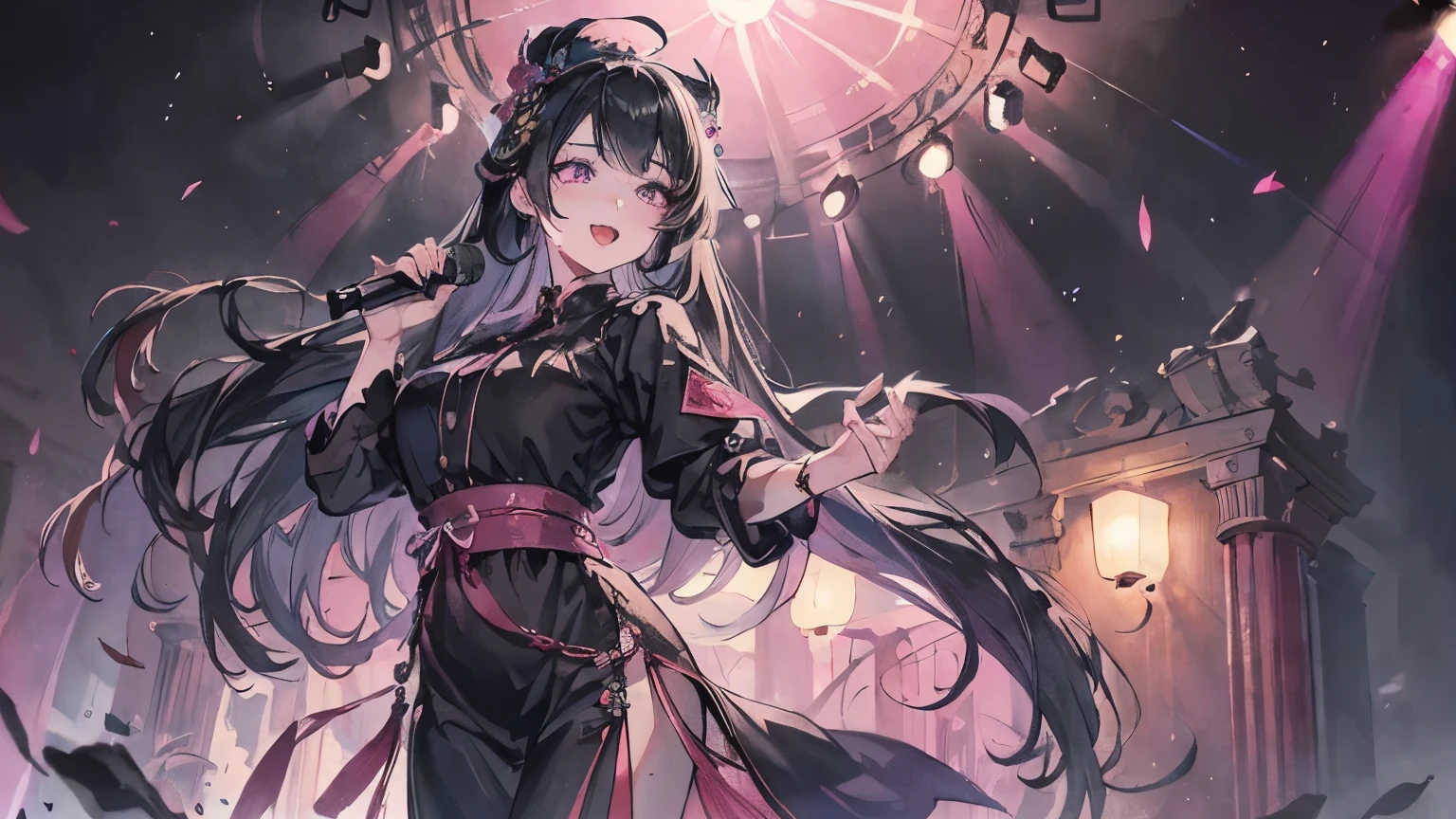 ((masterpiece)), Highest quality, (8k, Highest quality, masterpiece: 1.2), Very detailed, A woman singing in the Great Sanctuary、Black Hair、Long Hair、Dark purple blouse shirt（Short sleeve）、bracelet、Pink Lips、Big eyes、Double eyelids、Beauty、Sparkling Eyes、singer、stage、White lighting、Sad expression、Highest quality、最高masterpiece、Extremely detailed、Whole body composition、Front angle、Singing with wide open mouth、smile、cool、Front composition、Age 25、