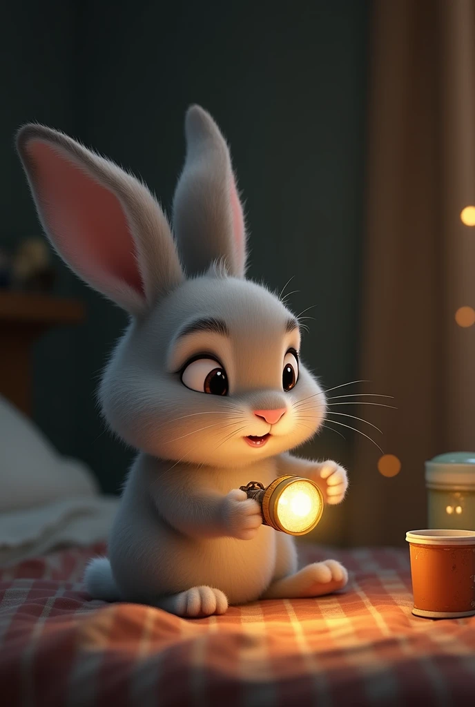 Benny rabbit remembered a tiny flashlight his grandfather had given him. He turned it on, and a small light shone bright!
