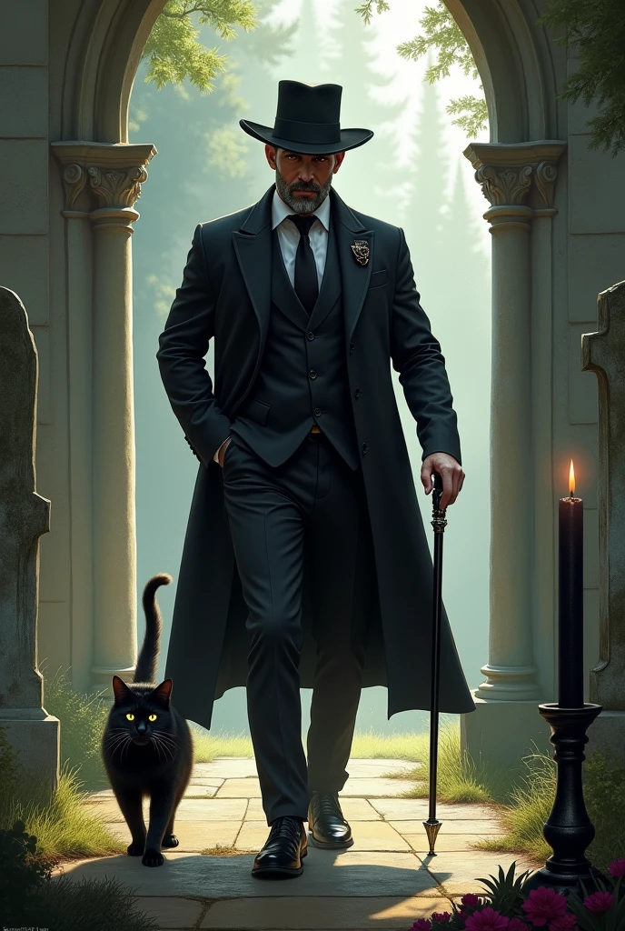 exu, Handsome man with a well-groomed black beard wearing black clothes and a stylish black hat, using a cane and holding his mug as he walks alongside his cat through the churchyard.
Black candle and offerings on the floor