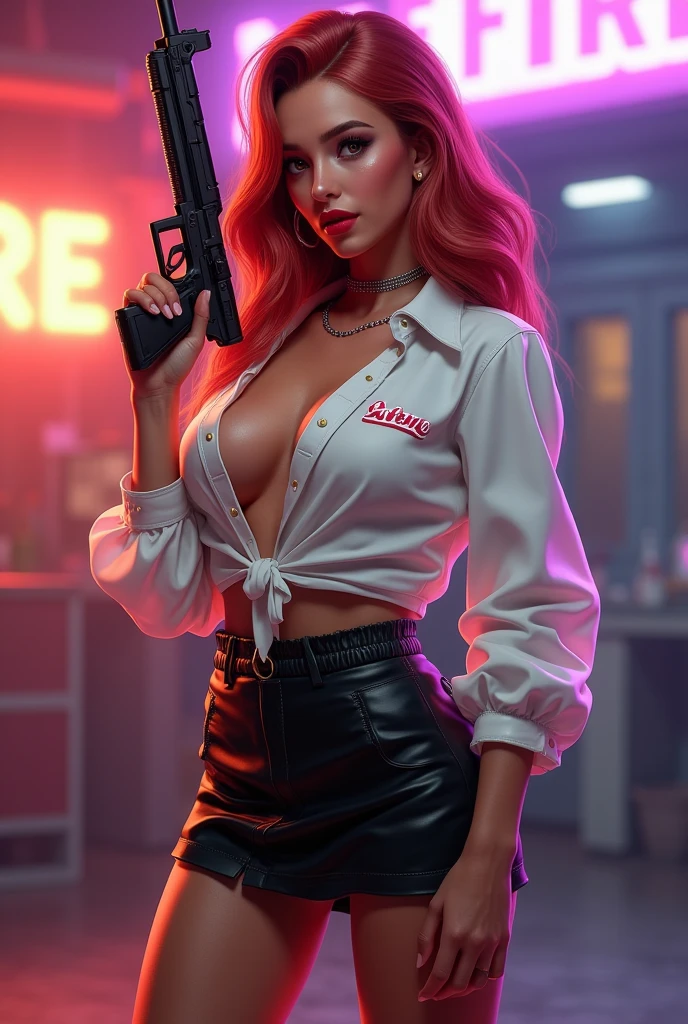 Freefire game style character all sexy, of skin jambo, short medium copper red hair, dark brown eyes, wearing red lipstick, wearing a short white low-cut blouse with the name SOLENE written on it and a short black skirt and high white shoes, holding a beautiful mp5 and making a stylish pose, with colored background and the name of the game FREEFIRE behind.