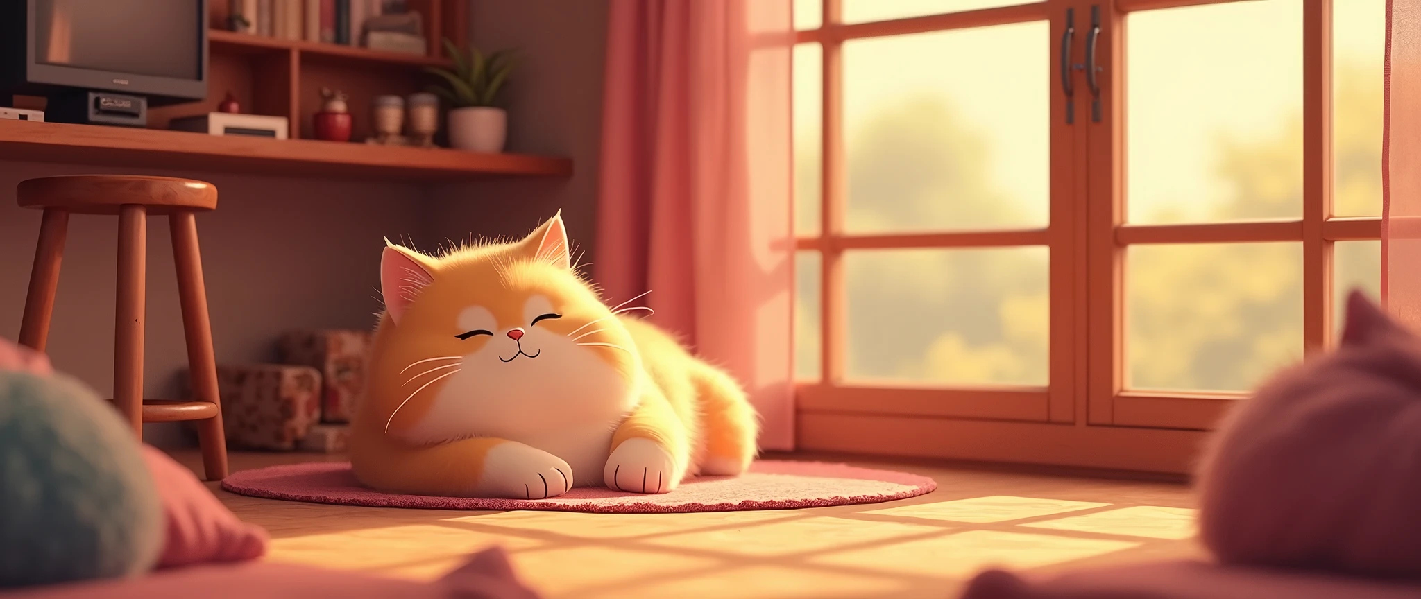 Cat, Cozy Anime,Lofi ,Ultrawide ,Ghibli vibes ,Wide view,Red Color Tones