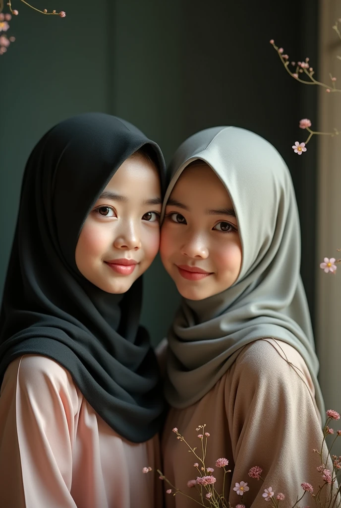 2girl in hijab,pink aodai, photo art, (flowers), stunning photo with beautiful saturation, very high resolution,(realistic:1.4)), deep shadows,(best quality, masterpiece), indonesian skin, low lighting, shade, confused, blush, highly detailed, thin, BREAK depth of field, film grain, wrinkled skin, looking at the viewer, knees, warm smile, (upper body), masterpiece, highly realistic, 32k, highly detailed 8k unity CG wallpaper, best quality