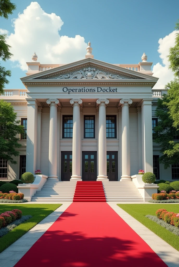 Create a building with American, state design with a full view and a concrete on the building written OPERATIONS DOCKET on it's own compound with Grass and flowers with red carpet on entrance
