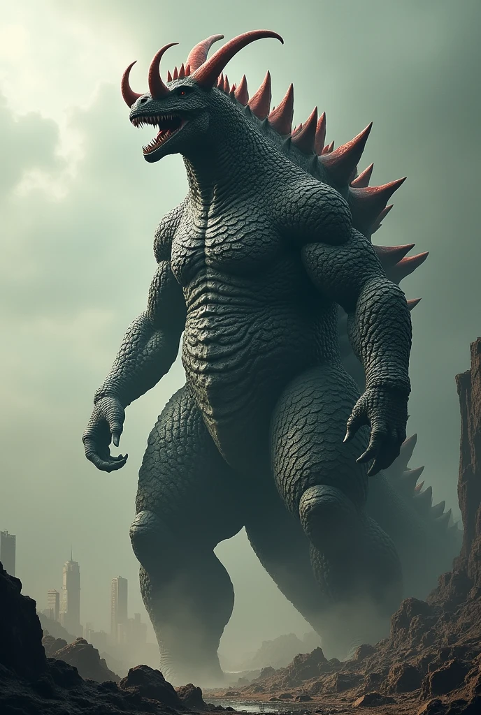 Godzilla with scales and 5 red curved horns