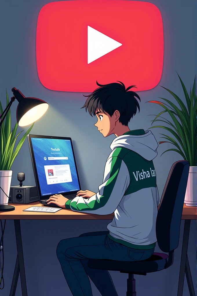 Create a image of "A 18 years anime boy, sitting in front of a computer desk with a microphone and laptop, wearing white and green hoodie with the Channel Name on it "VISHAL JAIN"

The background includes a large YouTube logo on the wall, potted plants on either side, and various recording equipment. aspect ratio 16:9