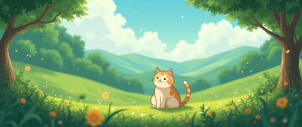 Cat, Cozy Anime,Lofi ,Ultrawide ,Ghibli vibes ,Wide view,Green Color Tones