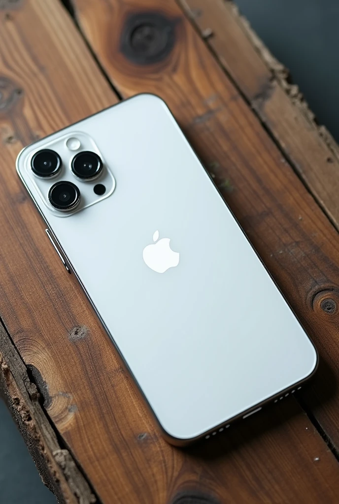View from above, A white plastic iphone 15 promax phone case placed on the wooden table surface