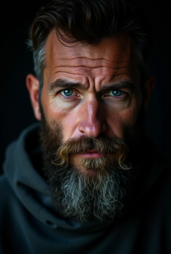 Create a close up man with a thick beard and black background taken using a Canon EOS R camera with a 50mm f/1.8 lens, f/2.2 aperture, shutter speed 1/200s, ISO 100 and natural light, Full Body, Hyper Realistic Photography, Cinematic, Cinema, Hyperdetail, UHD, Color Correction, hdr, color grading, hyper realistic CG animation –ar 4:5 –upbeta –q 2 –v 5