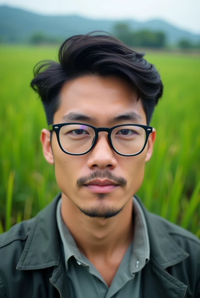 A handsome asian man, with glasses, selfie picture, in front of a paddy field