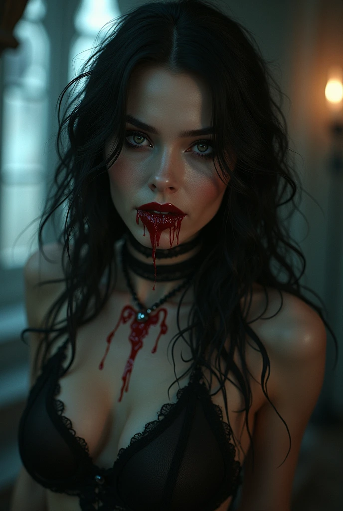 mistress vampire girl, blood dripping from teeth, busty hot look, background haunted spooky