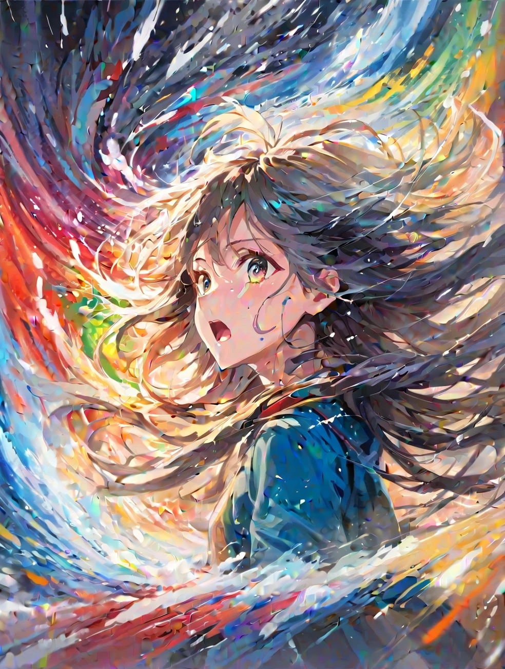 return, (One girl), material, Delicate anime face, crystallization, Disheveled long hair, colorful returnground, colorful, Dissolve, Blurred, Paint Splash, Abstract, Oil paints, encounter_Audience, A storm of swirling colors, Strong winds