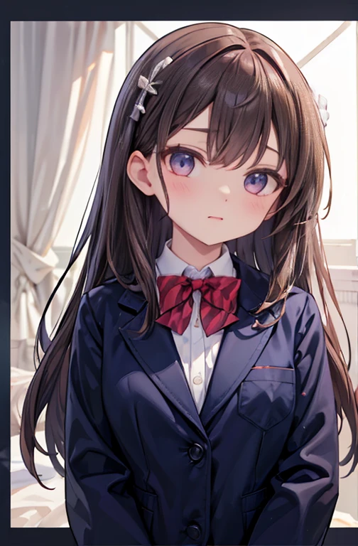 (masterpiece, Highest quality, High resolution:1.4), 超High resolution, Depth of written border,, High resolution, 1 girl、Draw the whole body、View from below、Pure white skin, Beautiful art style, (Straight hair, bangs, Brown Hair:1.2,)( Curly Hair:0.3), White hairpin、((Dark brown eyes:1.4, Round eyes,Droopy eyes、Beautiful eyelashes, Realistic eyes)),, ((Smooth texture:, Realistic texture, Realistic:1.1, Anime CG style)), Medium chest, Perfect body, ((Portraiture, throw)), ((Red bow tie, school uniform, Navy blue jacket, White shirt, skirt)), smile, Open your mouth、teeth、