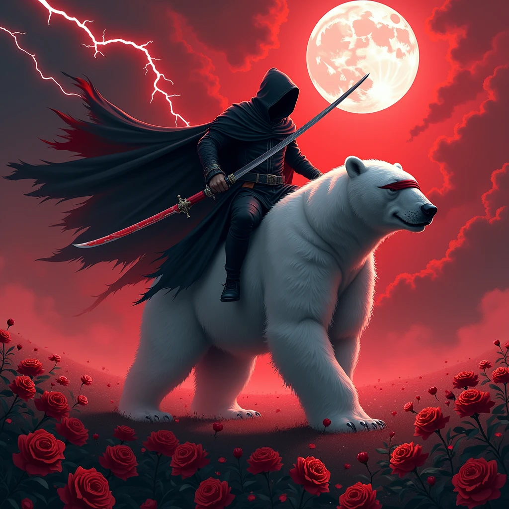 draw a dynamic picture. In it a man with a black hood and a long sword is riding a polar bear while the moon shines, Roses cover the ground and lightning falls from the sky. The man wears a red blindfold. The background of the picture in red.