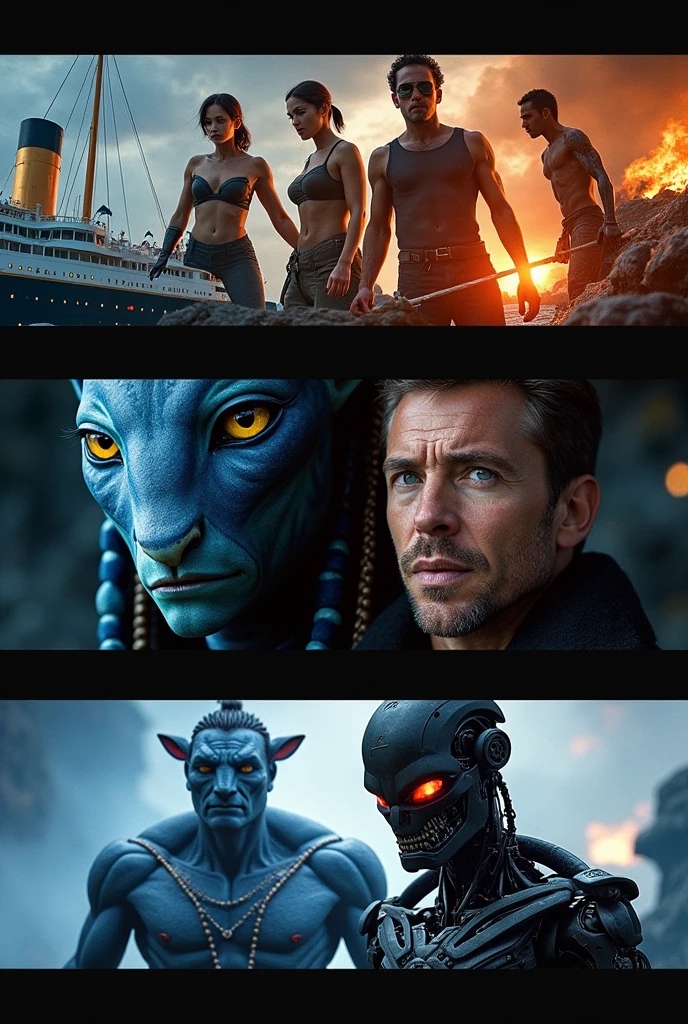 Create a horizontal 16:9 size YouTube video thumbnail on 
James Cameron's Top 5 Movies. The background should be picture of 3 of his famous movies and the tect should be Top 5 Movies directed by James Cameron 