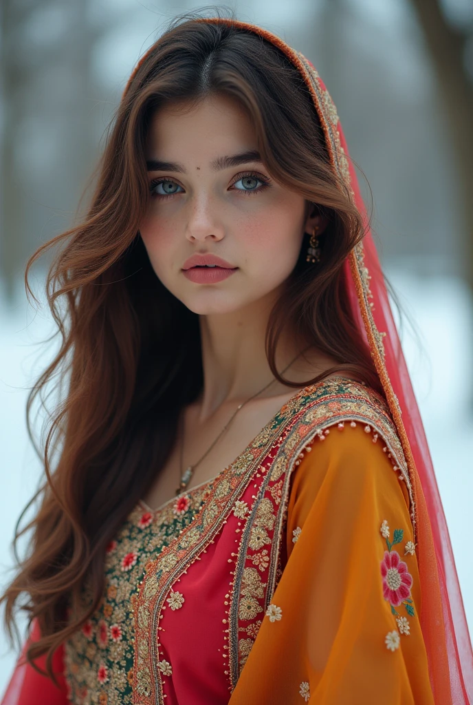 

Prompt, realistic influencer 
lovely cute young attractive teenage girl, 1, fair face, dimpal,cinematic,mole on cheek, little mouth,cute, blue eyes, dimpal,an Instagram model, dupatta on the Head,hot,long  brown_hair, colorful hair, winter, dacing, wear salwar kameez, Pakistani