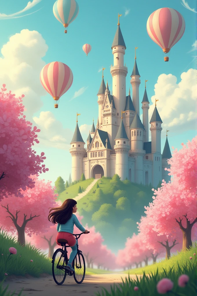 Create a fantasy landscape featuring a majestic castle with multiple towers, and a girl with cycle surrounded by pink cherry blossom trees and fluffy clouds. Include hot air balloons in the sky, floating gracefully above the castle. The scene should feel dreamy and magical, with soft, pastel colors dominating the palette, and a serene, otherworldly atmosphere."