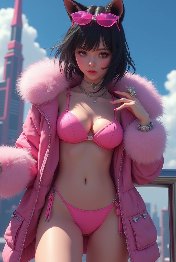 (masterpiece, Best Quality:1.2), 1 girl, alone, A close-up of a woman in a pink bikini and a pink jacket with fox fur , glasses on his head, jewelry, posing on a railing., cyberpunk art inspired by Masamune Shirow, trend in artstation, Fantasy Art, cyberpunk anime girl, female cyberpunk anime girl, cyberpunk digital: realistic anime art, seductive anime girl, digital cyberpunk anime art, anime ciberpunk, cyberpunk oppai, cyberpunk anime art