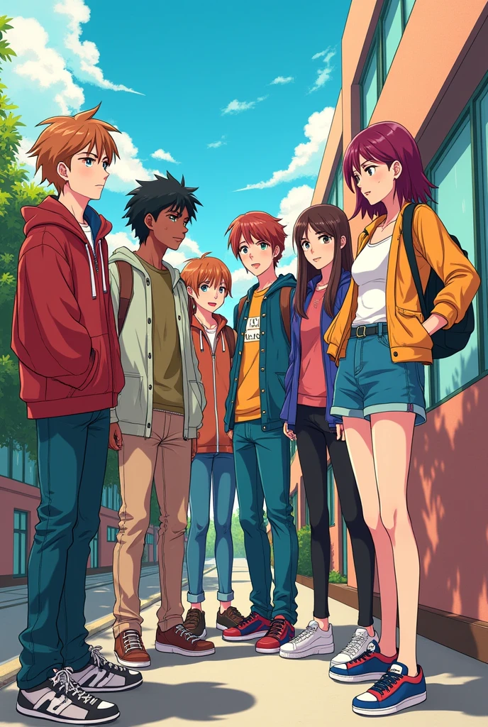 make them not look a likes and have different types of hair and hobbies manga style, 5-7 highschool circle of friends
