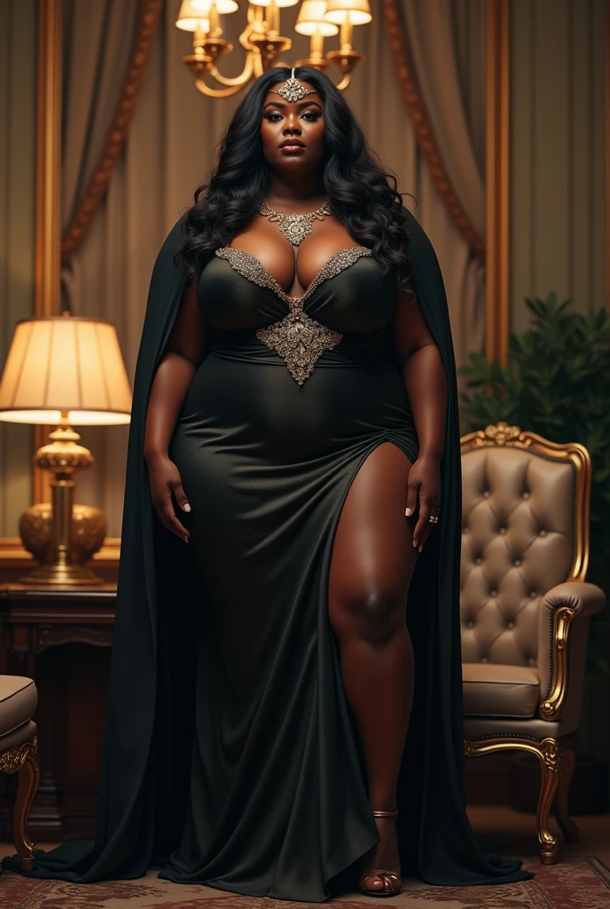 (photorealism:1.2), photo realistic of a plus size bbw dark skinned toned melanin woman exuding power, wealth and authority with a matriarch findom persona with long flowing hair in a high end setting private office standing over a man with a crystal pendant hypnotizing white male with pendant in a luxury designer dress