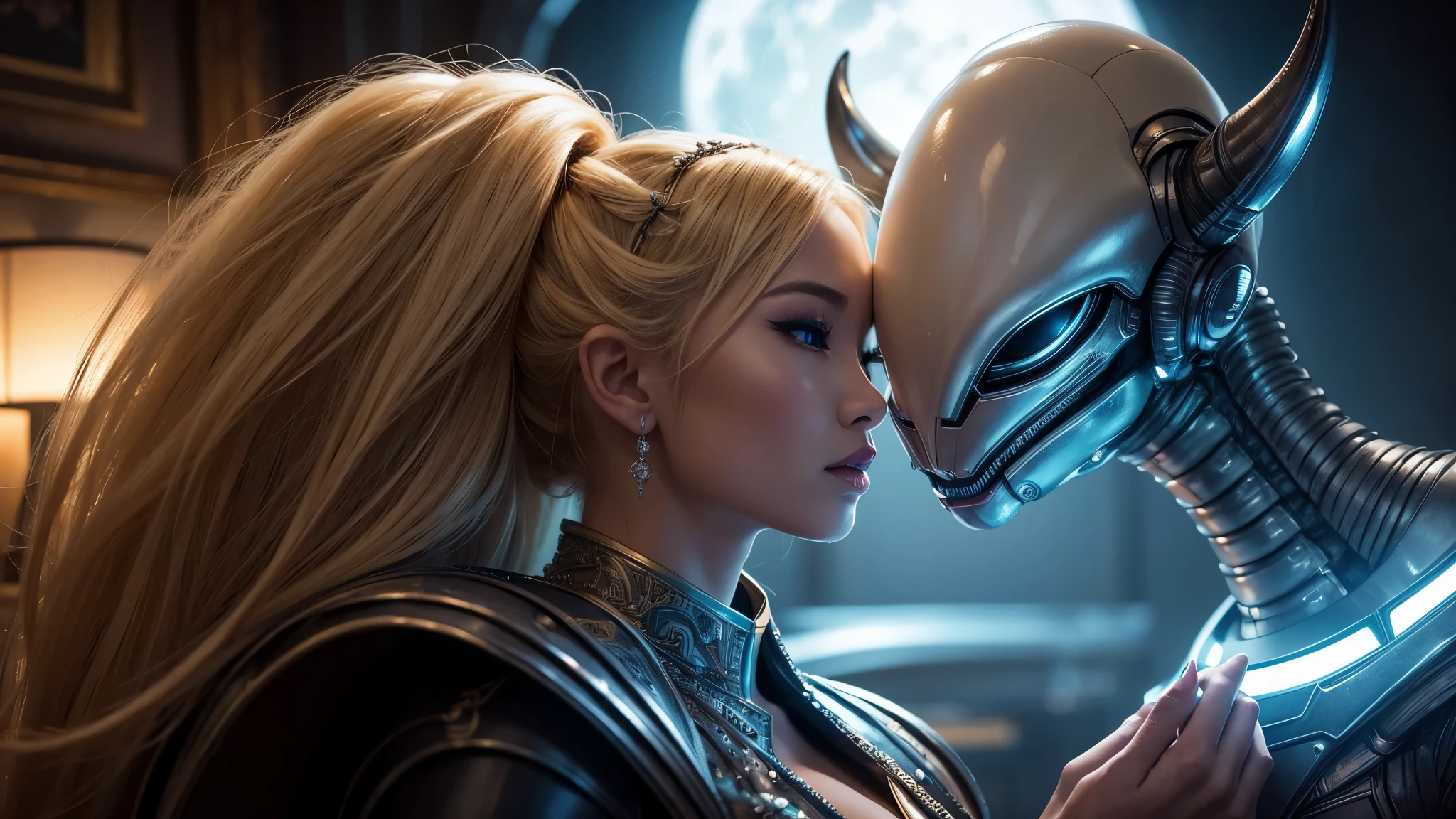 a tender moment a blond human asian princess in queen clothes with a big terrific cyber alien, alien art, nice 3/4 alien portrait, photo color, no bad hands, realistic photo, horror dark atmosphere making plans, depth of field,