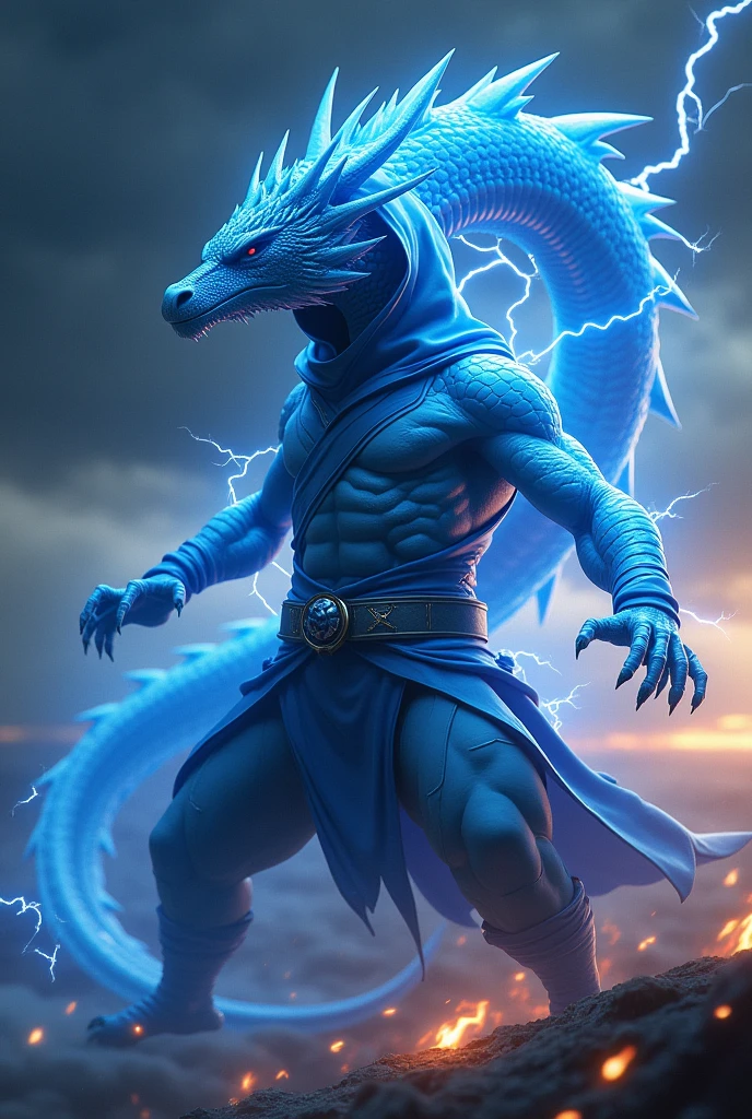 Blue dragon in ninja coustume with blue lightning & small fire