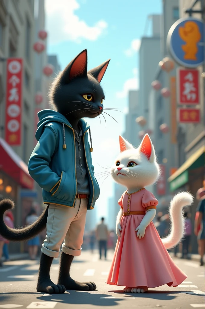 Image 1**: A thin too long black cat and a small, cute rainbow-colored lady white cat, both with human-like bodies, standing in a busy city street. The black cat is wearing a blue jacket and white pants, and the lady cat is in a pink grown dressdress. Both are admiring the tall buildings and bustling surroundings.