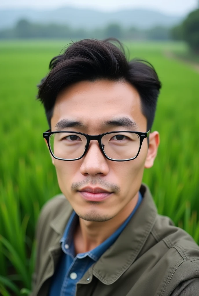 A handsome asian man, with glasses, selfie picture, in front of a paddy field