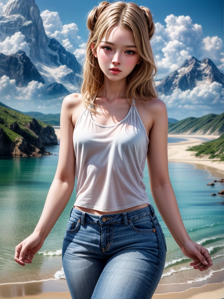 :: body tall girl,masterpiece high-detailed, 8K, hyperrealistic &  hips slim, girl old detailed hyperrealistic
face beautiful teen girl, face cute slim teen girl detailed hyperrealistic,
white aura complexion body detailed
provocative face and gesture,
Wear Random tank top and jean shorts,
hair tie blond , 
on background(ultra-realistic)(illustration),(high resolution 8K)(extremely detailed)(high best illustration),
eyes bright sky blue high-detailed,(Ultra-high quality detailed realistic masterpiece:1.2) 
