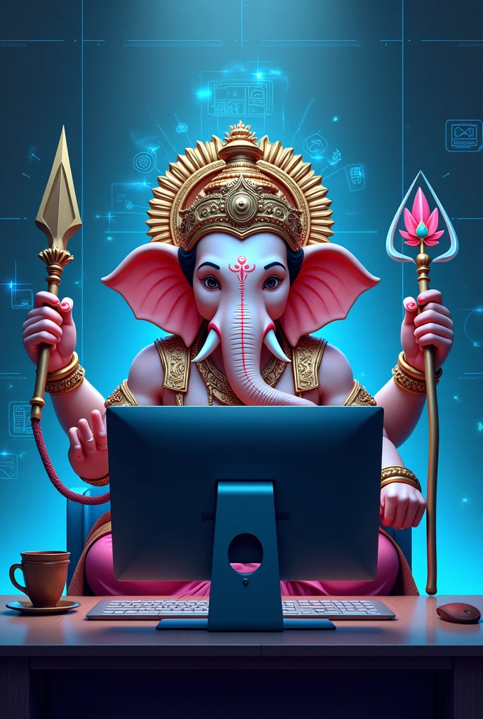 A digital illustration of Ganesha, the Hindu god of wisdom and remover of obstacles, sitting at a computer. Instead of his traditional axe and lasso, he is holding a cybersecurity shield and a cyber-threat spear.