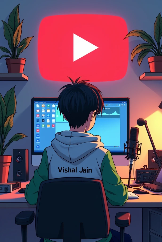 Create a image of "A 18 years anime boy, sitting in front of a computer desk with a microphone and laptop, wearing white and green hoodie with the Channel Name on it "VISHAL JAIN"

The background includes a large YouTube logo on the wall, potted plants on either side, and various recording equipment. aspect ratio 16:9