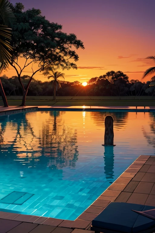 An artistic representation of a peaceful Pantanal resort during dusk. The illustration features a serene pool with a jaguar swimming across. The surrounding area has green foliage, lounge chairs, and a swim-up bar, with the warm sunset reflecting off the water.