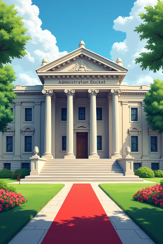 Create a building with Greek design, state design with a full view and a concrete on the building written ADMINISTRATION DOCKET on it's own compound with Grass and flowers with red carpet on entrance