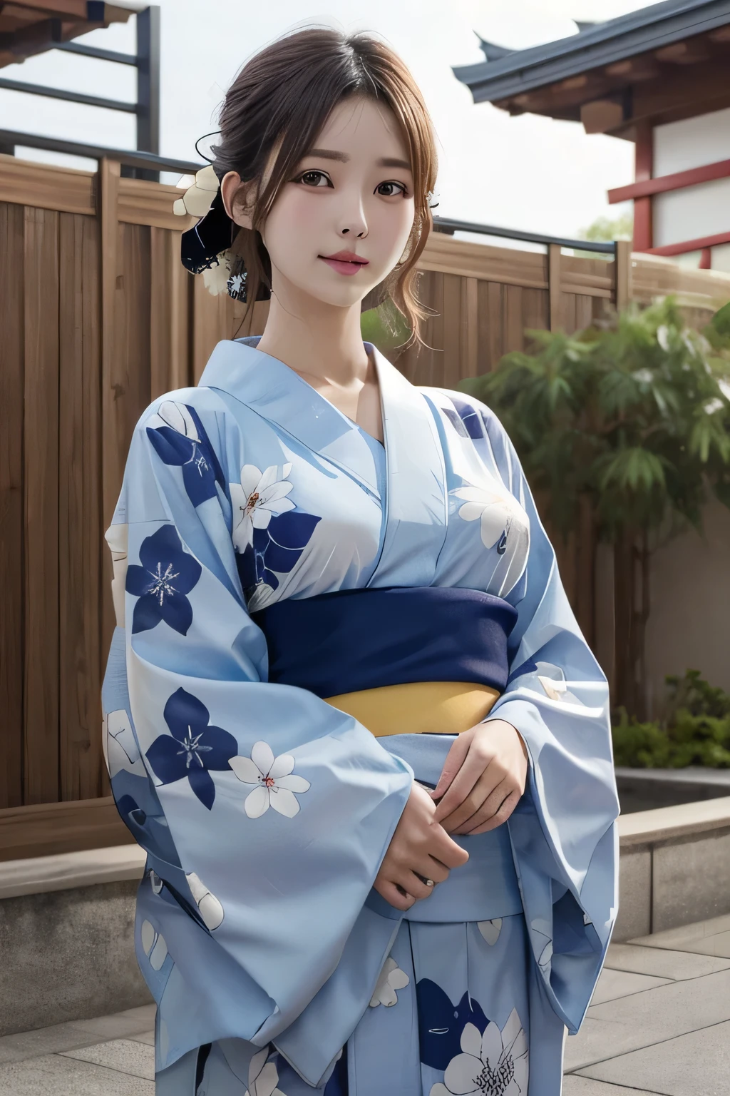 One Girl, 1 person,Highest quality,High resolution,超High resolution,8k,Realistic,Upper Body,encounter_audience,Large Breasts, the body is slim,(Yukata:1.2),