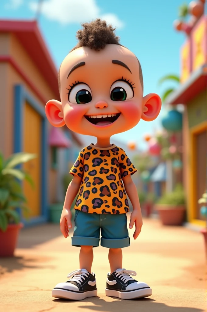 Cute illustrative image,  4 anos, Scrawny, thin face, shaved curly hair, animal shirt, blue shorts, white and black tennis shoes, Grinning, pixar 3d illustration