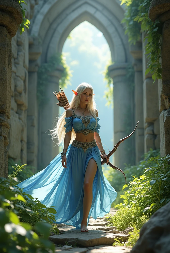 Full body portrait. A very beautiful adult female elf, wearing blue and white clothes while carrying a bow. The background is her entering into the ruins of a magnificent castle. This scene is a very detailed and professional 3D digital art. 64k resolution