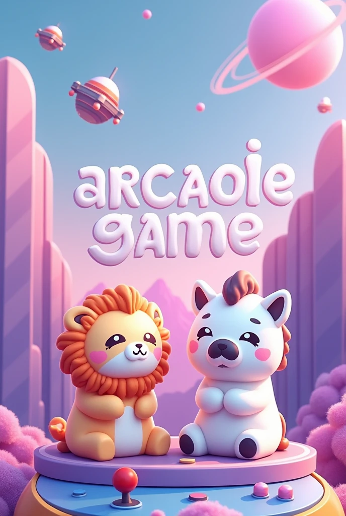 create more modern and detailed art of. The image is a stylized graphic with a pastel color palette., predominantly in shades of pink, purple and blue. no topo central, There's the text "Arcade Game" in a fun font with a slight shadow effect. Below this text, ((there are two cartoon style squishmallow animals: to the left, a lion with orange and white fur and closed eyes that suggest contentment; On the right, a white zebra with big round eyes. Both animals are sitting.)), No fundo, there are graphics that resemble mountains in various shades of purple with white outlines that give them a geometric appearance "metaverse style". Above these mountains, float three small spaceships and one larger ship. There is also a large pink planet-like object with rings around it.. Na parte inferior da imagem, there is an arcade game control panel with a joystick on the left side, which has a pink top and a light blue base. To the right of the joystick, there are four buttons: three smaller ones aligned horizontally in light pink colors, dark pink and blue, respectively; Beneath them, there is a larger button in dark pink. No canto inferior direito da imagem, there is additional text saying "PRESS START TO PLAY" inside a speech bubble shaped button design.