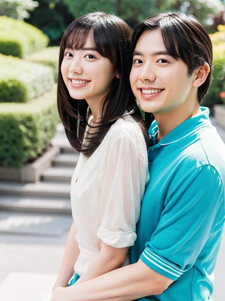 Couple, 1 female(23 years old)、1 male(45 years old), Black Hair、No bangs、Different heights, Detailed eyes, Looking at the audience. They embrace. Daytime sea background