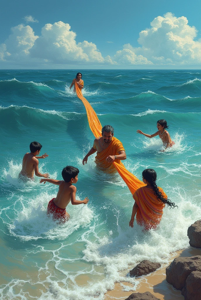 There is a sea. Three children are drowning in the sea. A 3 man is in the water to save the child. The man has a long saree in his hand. One part of the saree is held by the man and the other part is taken by the same sea. A 30 year old woman is crying and screaming on the shore.