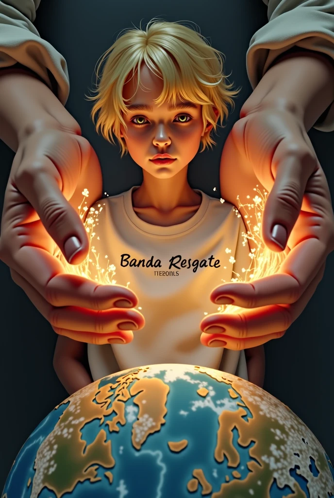 young woman with very short blonde hair, shirt with Banda Resgate written on it, doing therapy on a couch on top of planet Earth, being hugged by two giant hands without any tattoos and with extreme shine surrounding her.