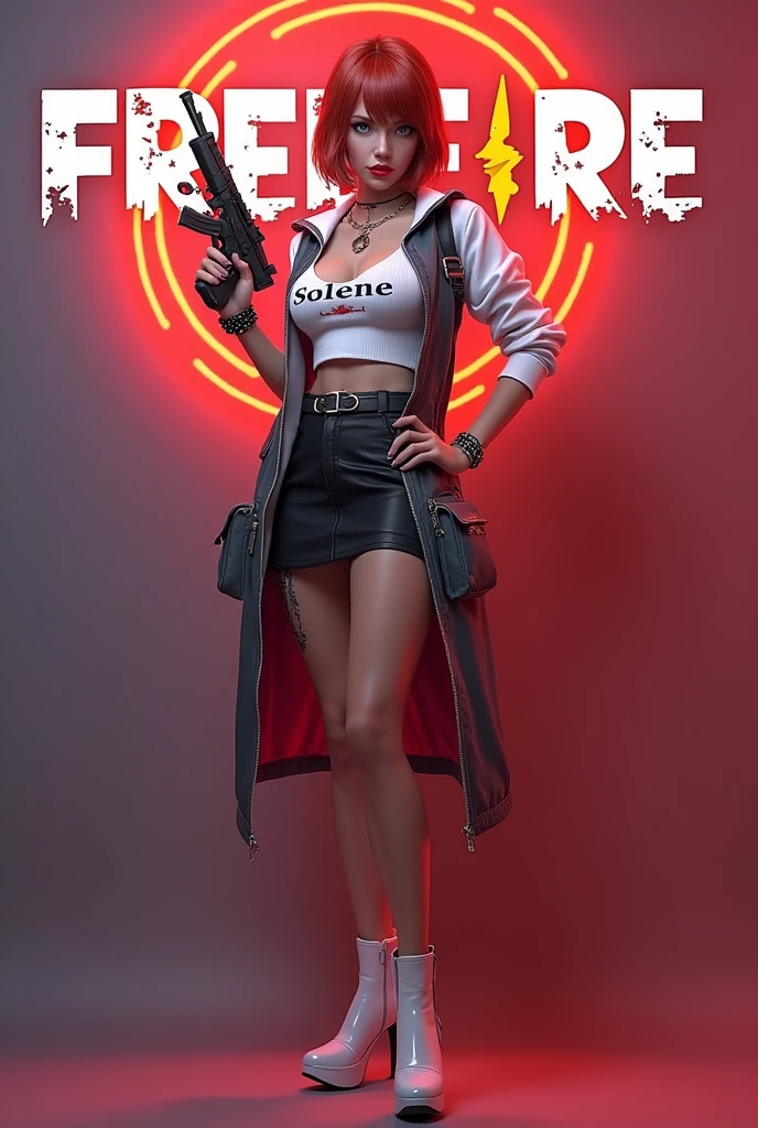 Sexy freefire game style female character, of skin jambo, short medium copper red hair, eyes browns, wearing red lipstick, wearing a short white low-cut blouse with the name SOLENE and a short black skirt, high white shoes, holding an mp5 and making a beautiful pose, with colored background and the name of the game FREEFIRE behind.