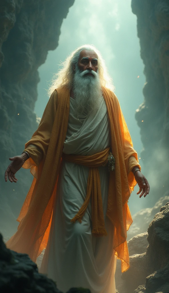 The Saint Arrives**: A serene, wise-looking saint arriving at Yamaraj’s realm, with a gentle aura surrounding him.