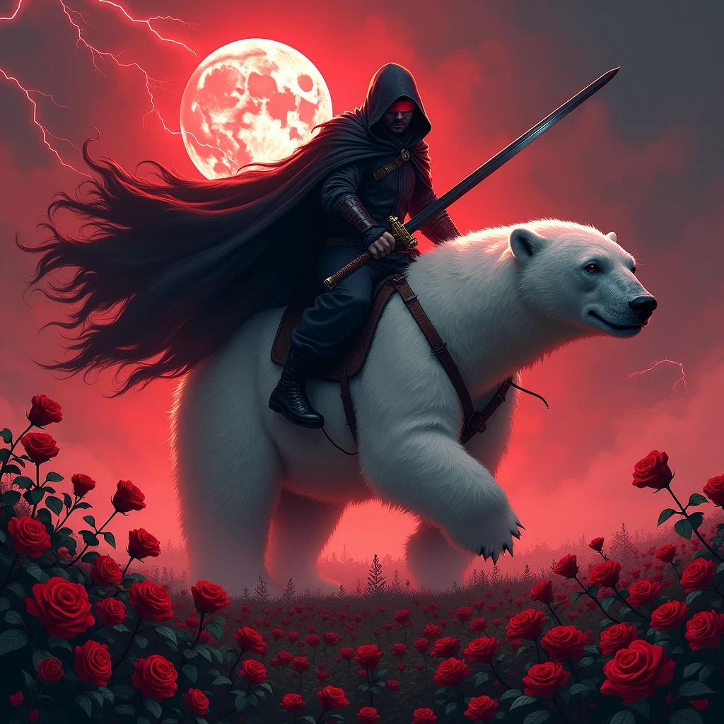 draw a dynamic picture. In it a man with a black hood and a long sword is riding a polar bear while the moon shines, Roses cover the ground and lightning falls from the sky. The man wears a red blindfold. The background of the picture in red.