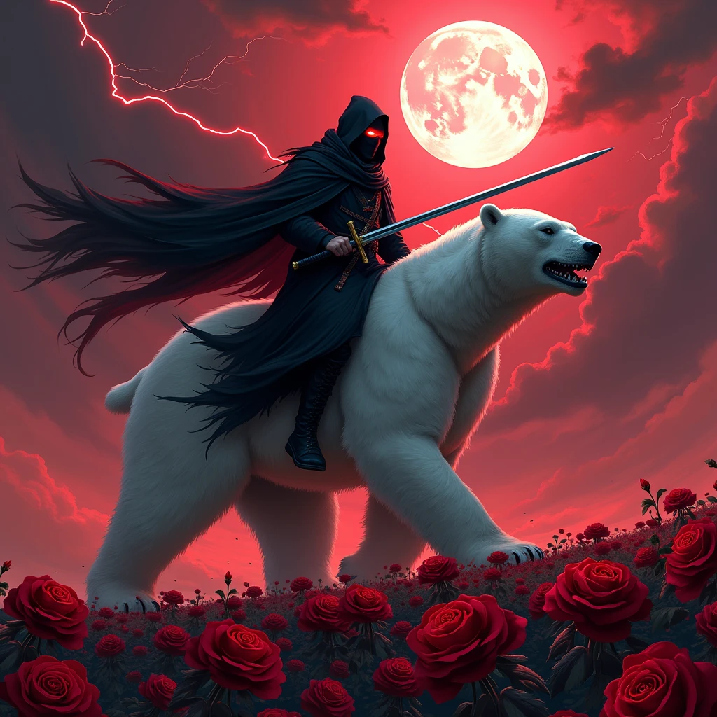 draw a dynamic picture. In it a man with a black hood and a long sword is riding a polar bear while the moon shines, Roses cover the ground and lightning falls from the sky. The man wears a red blindfold. The background of the picture in red.