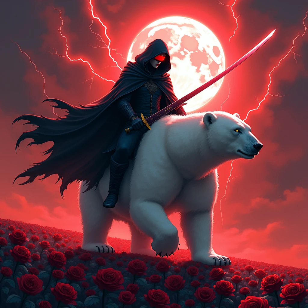 draw a dynamic picture. In it a man with a black hood and a long sword is riding a polar bear while the moon shines, Roses cover the ground and lightning falls from the sky. The man wears a red blindfold. The background of the picture in red.