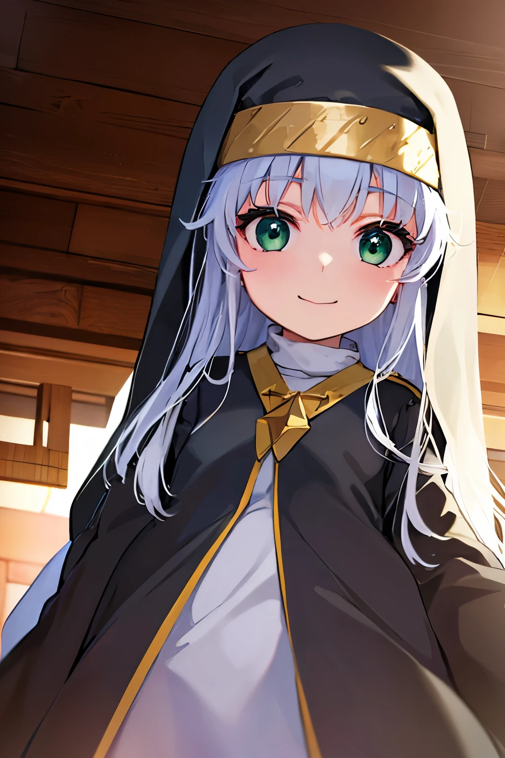 Long silver hair, green eyes, headband, not cool, black tunic, nun tunic, black hood, flat breast, smile, happy, beautiful thighs, inside house, Looking down, camera view from below
